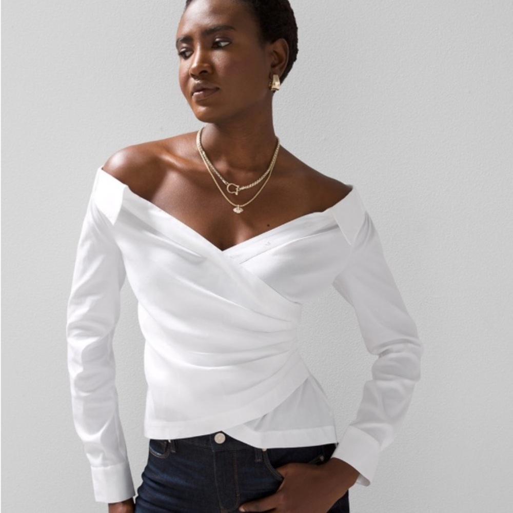 Women's Off-the-Shoulder Poplin Surplice Top, White/Ivory,